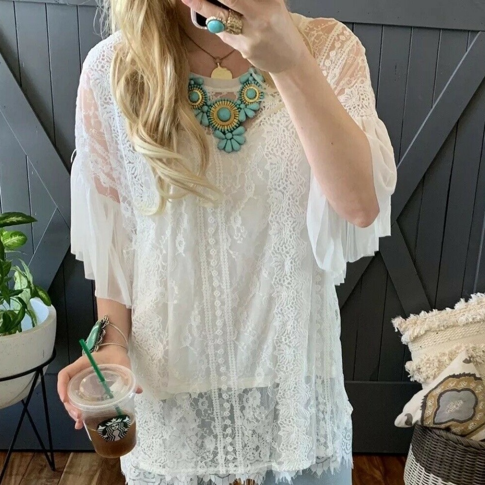 Last One! 1X Crochet Lace Flowy Tunic Top Blouse - Picture 3 of 8